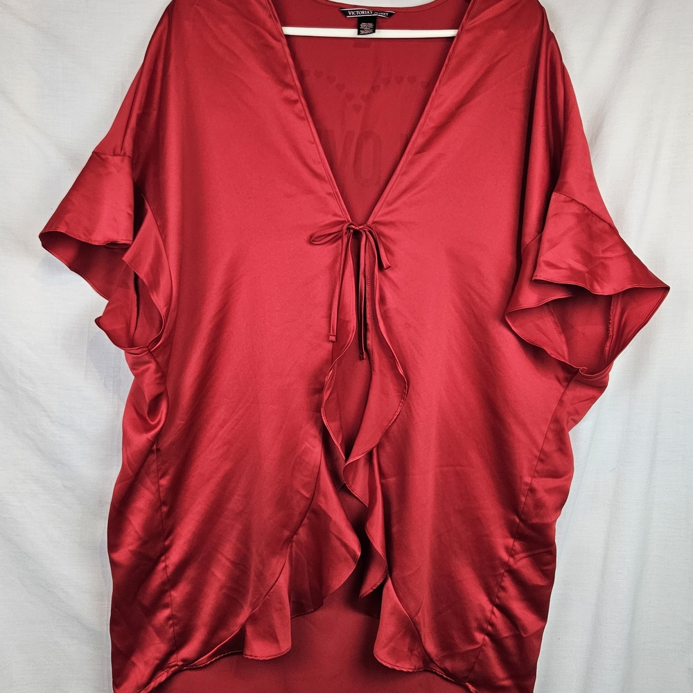 Victoria Secret Red Satin Robe Tie‎ Front OS Cardigan Kimono Sexy Feminine